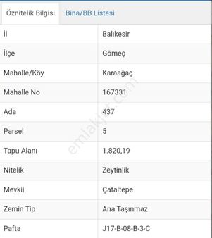 Balıkesir Gömeç Karaağaç Mahllesi 1820m2 Satılık Zeytinlik