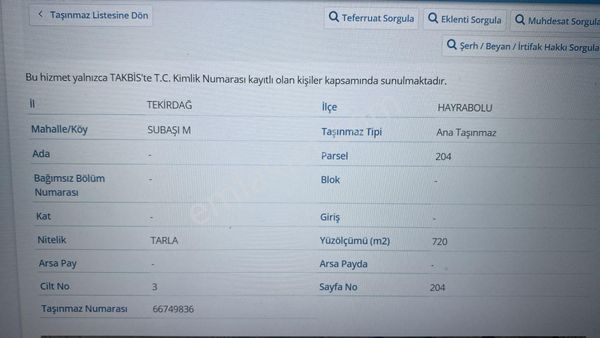 Çoban Gayrimenkulden Tekırdah Hayrabolu Satılık 720m Tarla Satılık
