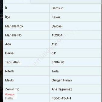 Samsun Kavak Çalbaşı 3984 Metrekare Satılık Tarla