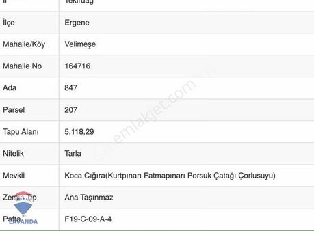 Çorlu Önerlerde 5.118 M² Tek Tapu Satılık Tarla Kuyulu