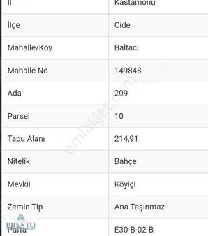 Afyon Prestij Gayrimenkul Kastamonu Cide Baltacı Satılık Bahçe