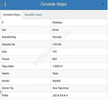 Kütahya Emet Göncek Köyü Dibinde Asfalta Cephe 1650 Mt !