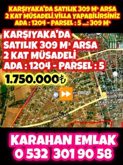Karsıyaka'da Satılık 309 M² Arsa2kat Müsadeli.villa Yapabilirsinizada:1204-parsel:5..:309 M²