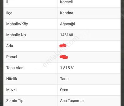 1.815 M2 Tarla Ağaçağıl Kandıra / Kocaeli