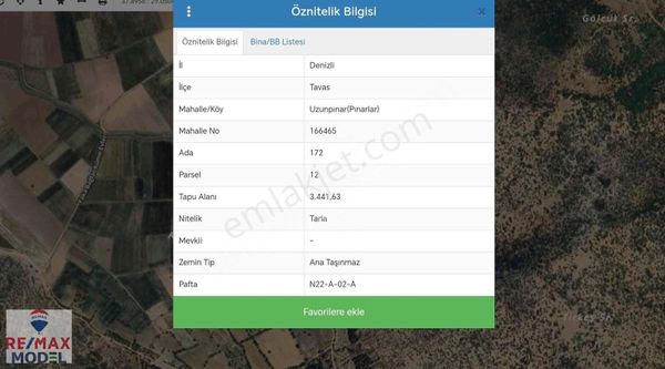 Tavas Uzunpınarlar (pınarlar) Satılık 3.441m² Satılık Tarla