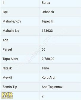 Fvr'den Orhaneli Tepecik Mah.2780 M² Tek Tapu Tarla