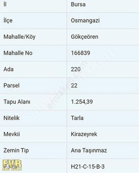 Fvr'den Osmangazi Gökçeören 1254 M2 Manzaralı Tarla