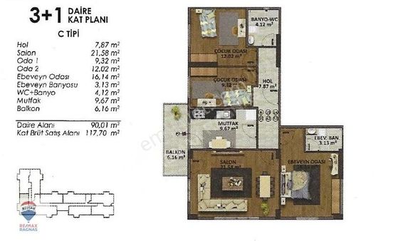 Aydos Orman Manzara Geniş Ferah Balkonlu 118m² 3+1 Kiralık Daire