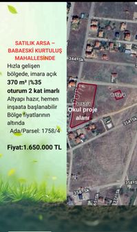 Babaeski Kurtuluş 370 M² |%35 Oturum 2 Kat İmarlı 1.650.00 Tl