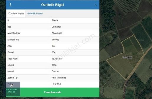 Bilecik Osmaneli Akçapınar Gaziler Köyü Satılık 18786 M2tarla