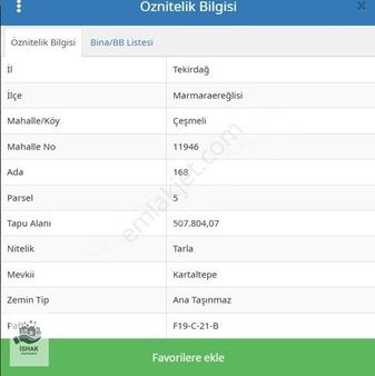 Tekirdağ Marmaraereğlisi 168,5 Uyguna Tarladan Satılık Hisse