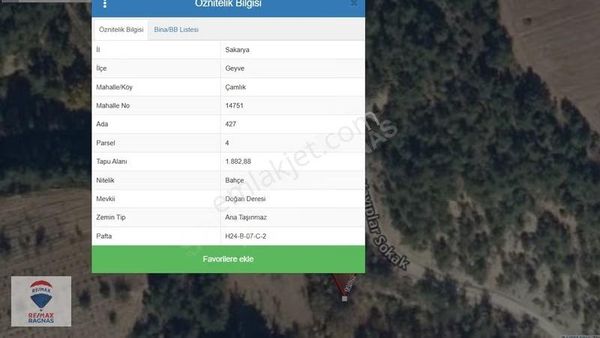 Sakarya Geyve Çamlık Mahallesinde 1883m2 Satılık Tarla