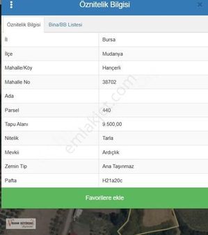 Bursa Mudanya Hançerlide Satılık 558 M2 Yatırımlık Tarla