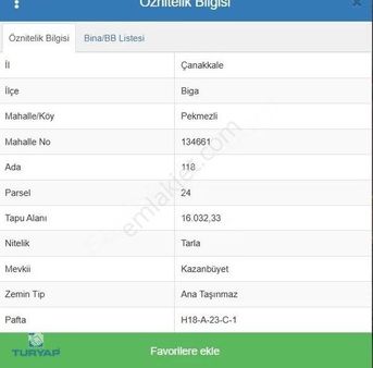 Çanakkale Biga Pekmezli Köyünde Satılık Tarla