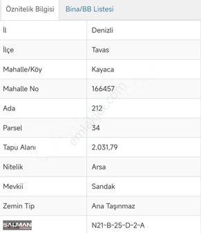 Salmandan Denizli Tavas Kayaca Da Satılık Kupon Arsa