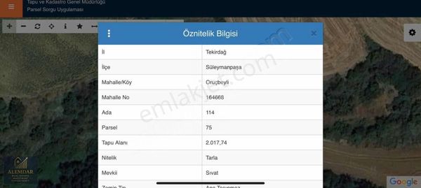 Tekirdağ Süleymanpaşa Oruçbeylide 2.017 M² Müstakil Tarla