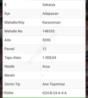 Adapazarı Karaosman Mahallesinde Satılık Arsa...