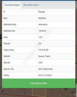 Elazığ Merkez Ak Mezra Satılık Tarla