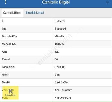 Kolaytapu Babaeski Müsellim 3166m² Bağ Tapulu Takasa Açık