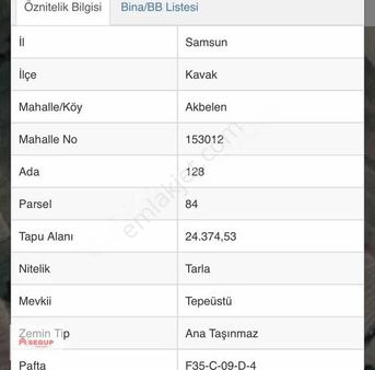 Samsun Kavak Akbelen Mahallesinde Satılık Tarla