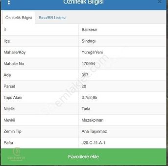 C21 Bal'dan Balıkesir Sındırgı Yüreğil Mah Satılık Tarla