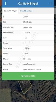 Aydın Bozdoğan Güney Yaka Mahallesi’nde Satılık 1.572 M² Bahçe Toplam: 1.572 M²