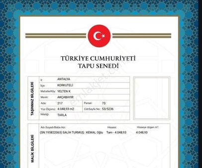 Korkuteli Yeltende 4.000 M2 Tarla İçme Suyu Dibinde