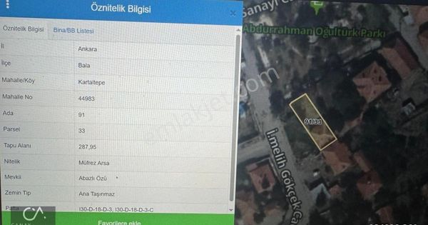 Ankara Bala Kartaltepe – 288 M² Müfrez Arsa + 2+1 Tek Katlı Ev – Toki Yakını