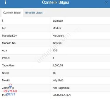 Erzıncan Kurutılek Satılık Arsa 1 500,74 M2