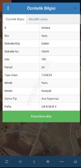 Ayaş Gökler Tatlar Mevki Asfalt Cephe 7 Dönüm Tek Tapu (bağ Bahçeye Mandıra Yapımına Uygun)