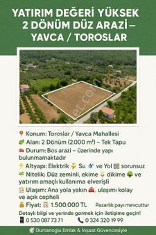 Yatırım Değeri Yüksek 2 Dönüm Düz Arazi – Yavca / Toroslar