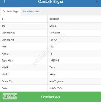 Balıkesir Karesi Kırmızılar'da Satılık Tarla