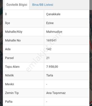 Çanakkale Ezine Mahmudiye Köyü 7 Dönüm 900 M2 Ticari Arazi Pazarlık Payı Var Krediye Uygun