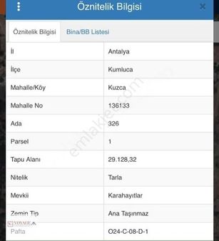Kumluca Yaylasında Yatırımlık Tarla