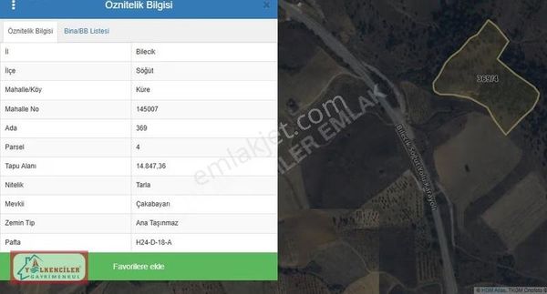 Bilecik Söğüt İlçesi Küre Köyü Satılık Tek Tapu Müstakil Arsa