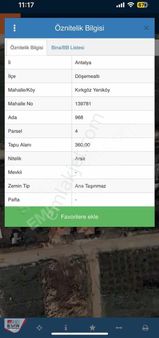 Döşemealtı Kırkgöz Yeniköy 360 Metre² Satılık Arsa