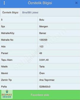 Remax Desıgn Bolu Mengen'de 3641m2 Satılık Tarla