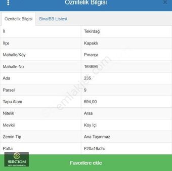 Kapaklı Pınarça 231 M² İmar İfrazlı Arsa