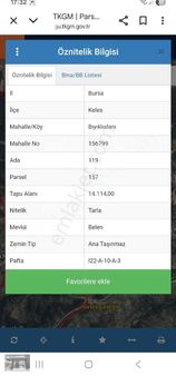 Bursa Keles Bıyıklıalanı Mah. 14.114 M2 Müstakil Tapulu Tarla