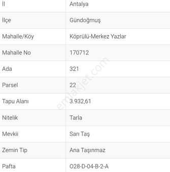 Alanya Gündoğmuş Ta Satılık Yatırımlık Tarla