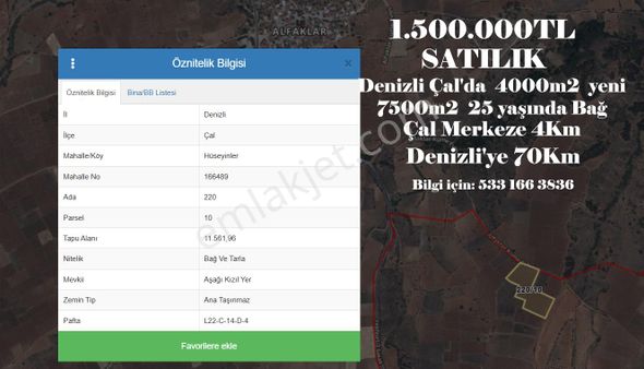 Denizli İli Çal İlçesinde 11560m2 Satılık Bağ