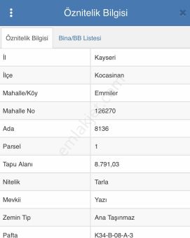 Kocasinan Emmilerde Satılık Tek Tapu Tarla