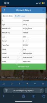 Tekirdağ Saray Büyükyoncalı Satılık Tek Tapu 312m2 Arsa