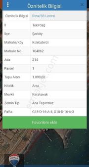 Tekirdağ Şarköy Kızılcaterzi Mahallesinde Ful Deniz Manzaralı İmarlı Arsa Satılık
