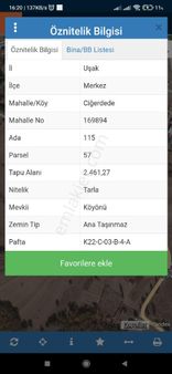 Uşak Merkezmahalle/köy Ciğerdedemahalle Ada 115parsel 57tapu Alanı 2.461,27 M²nitelik Tarla 