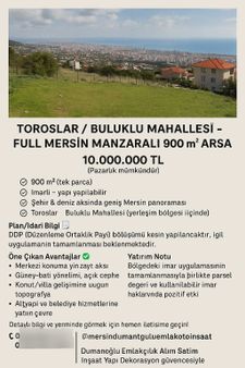 🏷️ Toroslar / Buluklu Mahallesi – Full Mersin Manzaralı 900 M² İmarlı Arsa