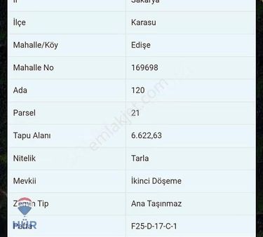 Remax-hür Fatma Yıldız Dan Karasu Edişe Mh Satılık 6622m2 Tarla