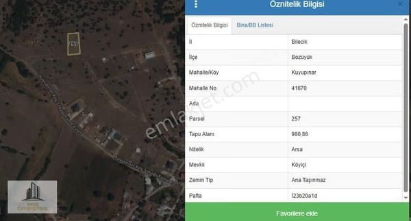 Bilecik / Bozüyük / Kuyupınar Köyünde 980 M2 Satılık İmarlı Arsa