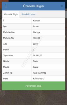 İncesu Garipçede 28 Dönüm Yatırımlık Marjinal Raporlu Tarla