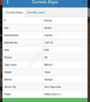 Bozkır Hacılarda 884 M2 Müstakıl Tarla